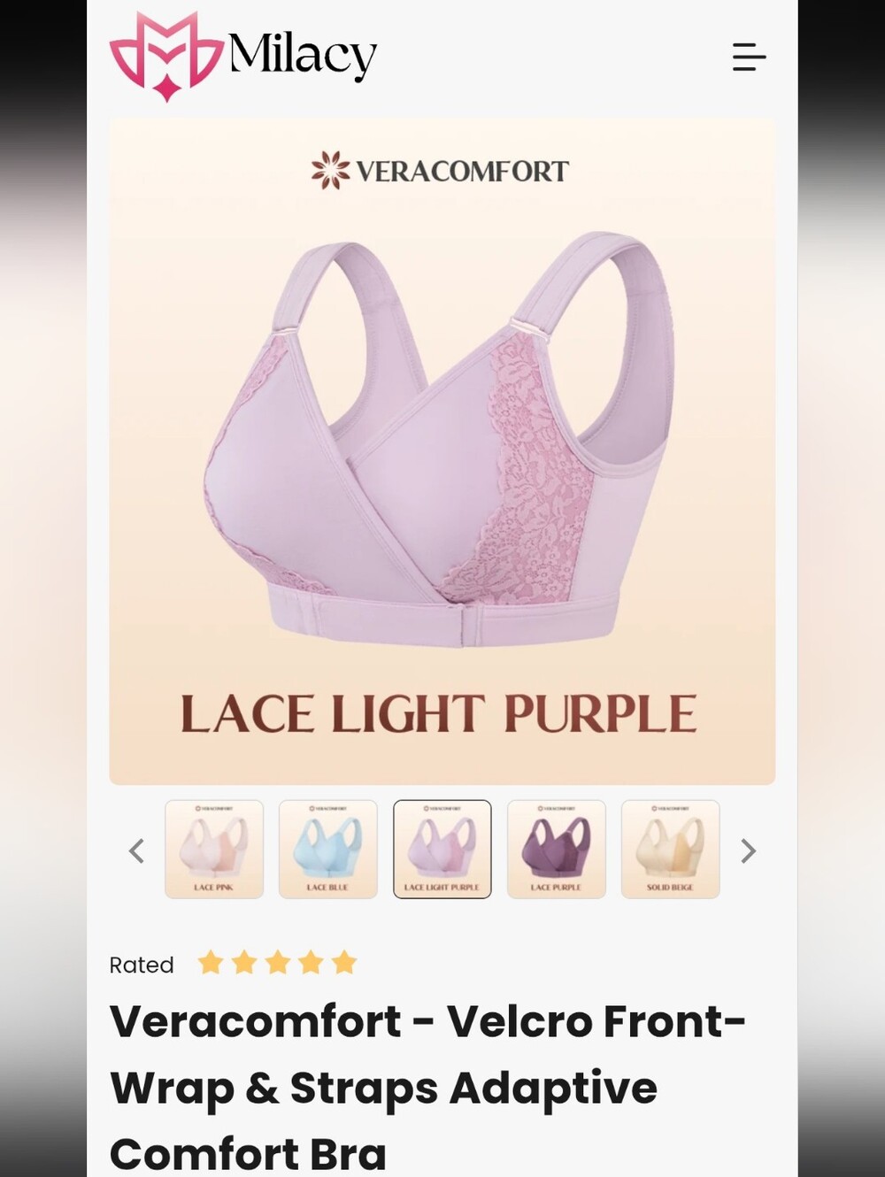 Lace Light Purple Velcro Front-Wrap Adaptive Comfort Bra